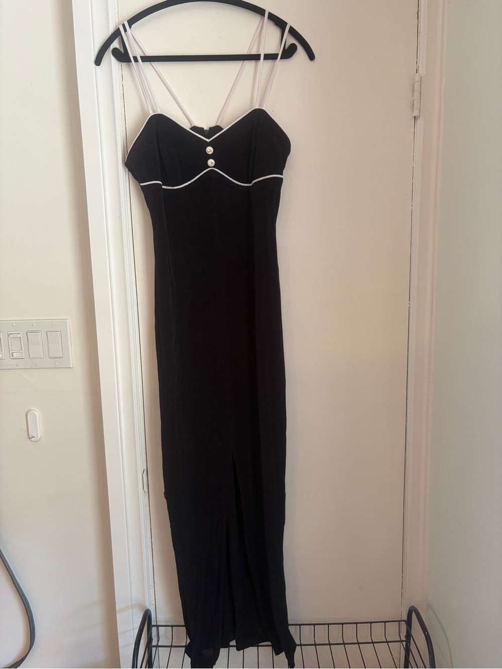 Vintage Black Spaghetti Strap Maxi Dress with Contrast Trim and buttons